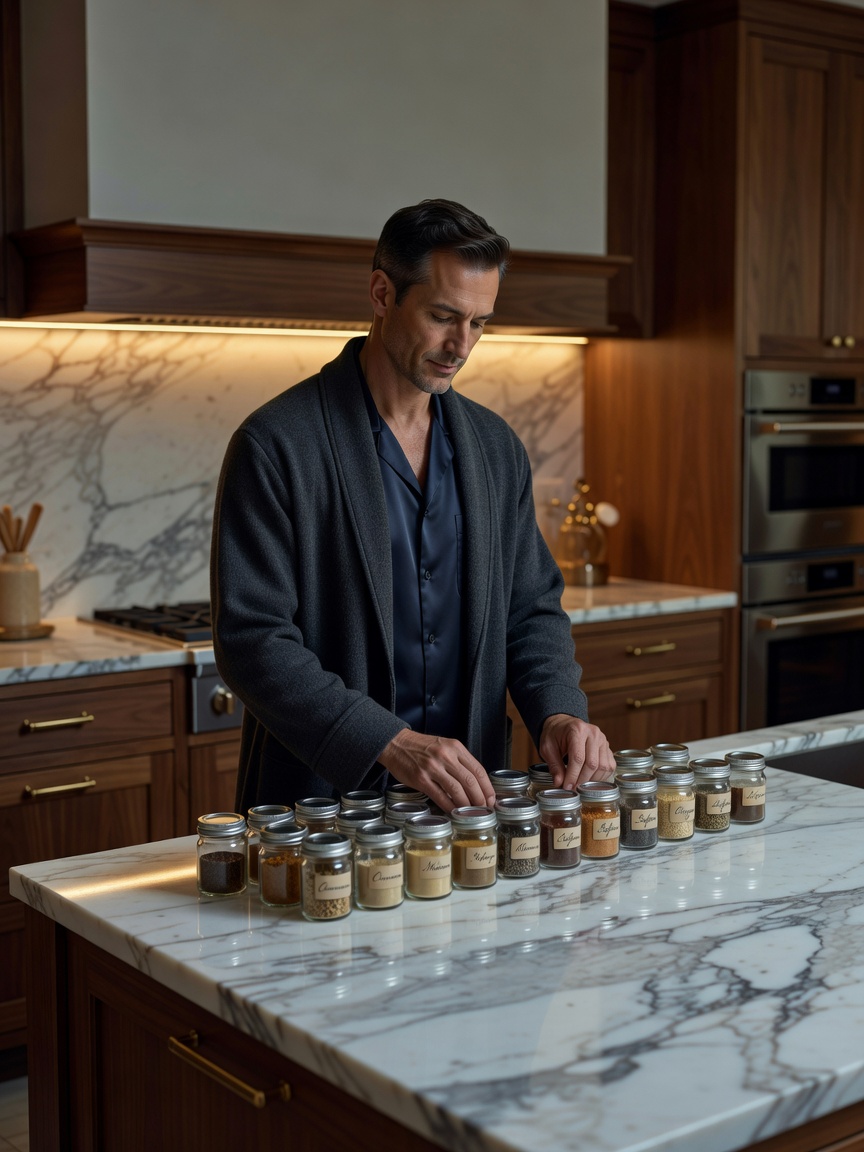 A man in a cashmere robe alphabetizing a spice rack at 4 a.m.