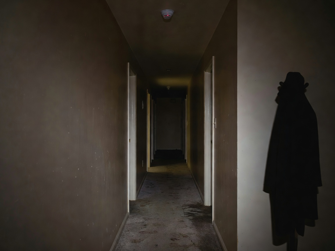 Hallway, 3:14 a.m. The shape on the right is a coat rack. It has always been a coat rack.